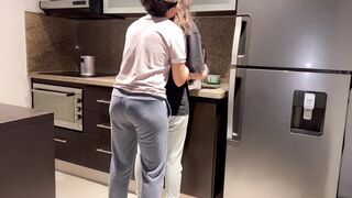 Wife fucked hard with tongue while washing dishes in the kitchen, getting her to cum before her step