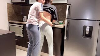 Wife fucked hard with tongue while washing dishes in the kitchen, getting her to cum before her step