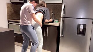 Wife fucked hard with tongue while washing dishes in the kitchen, getting her to cum before her step