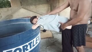 Fucking the ass of the shoe on the terrace 100% anal